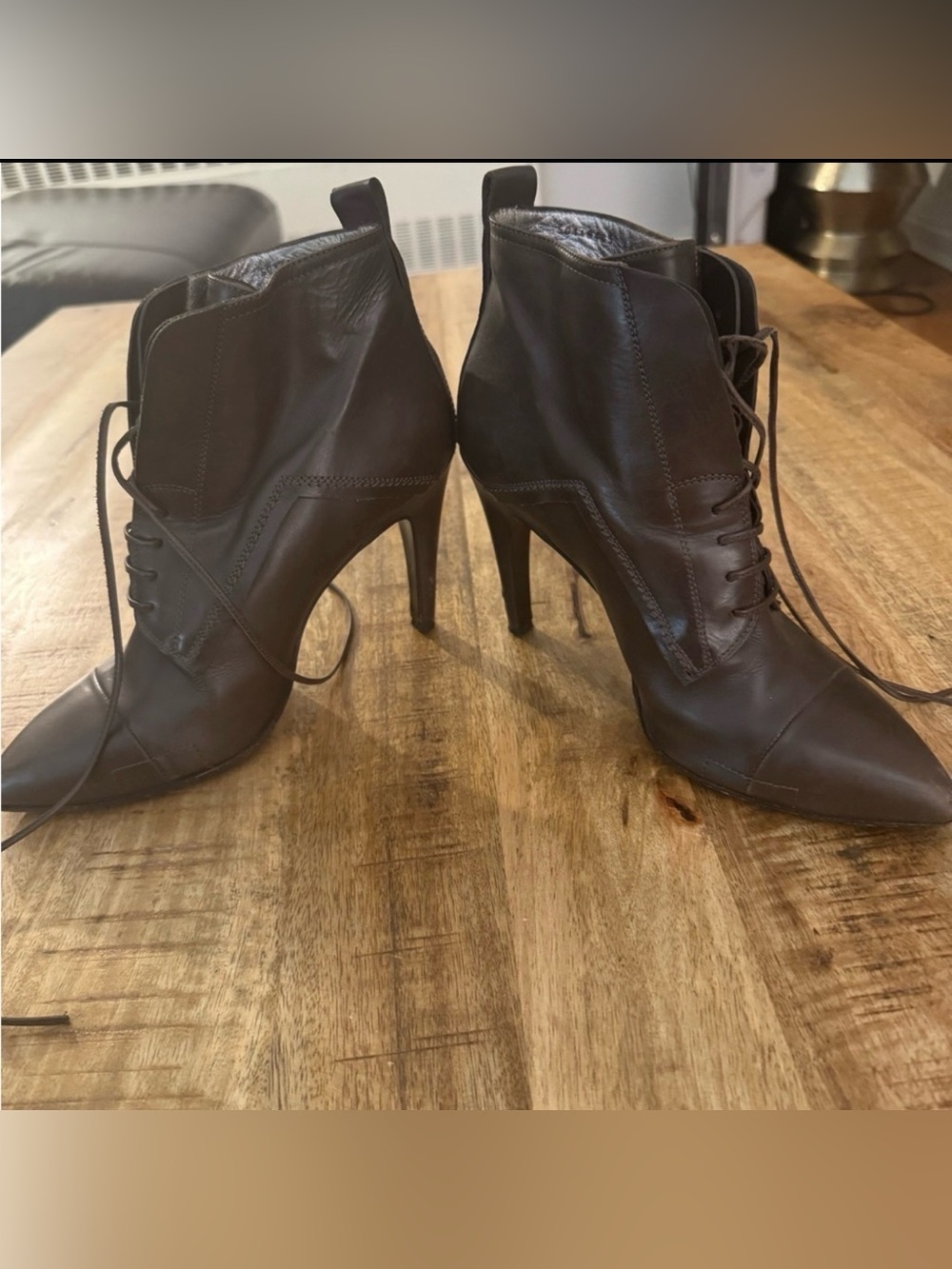 Hugo boss BOSS brown leather pointed pointy toe tip lace up high heel boots EUC
